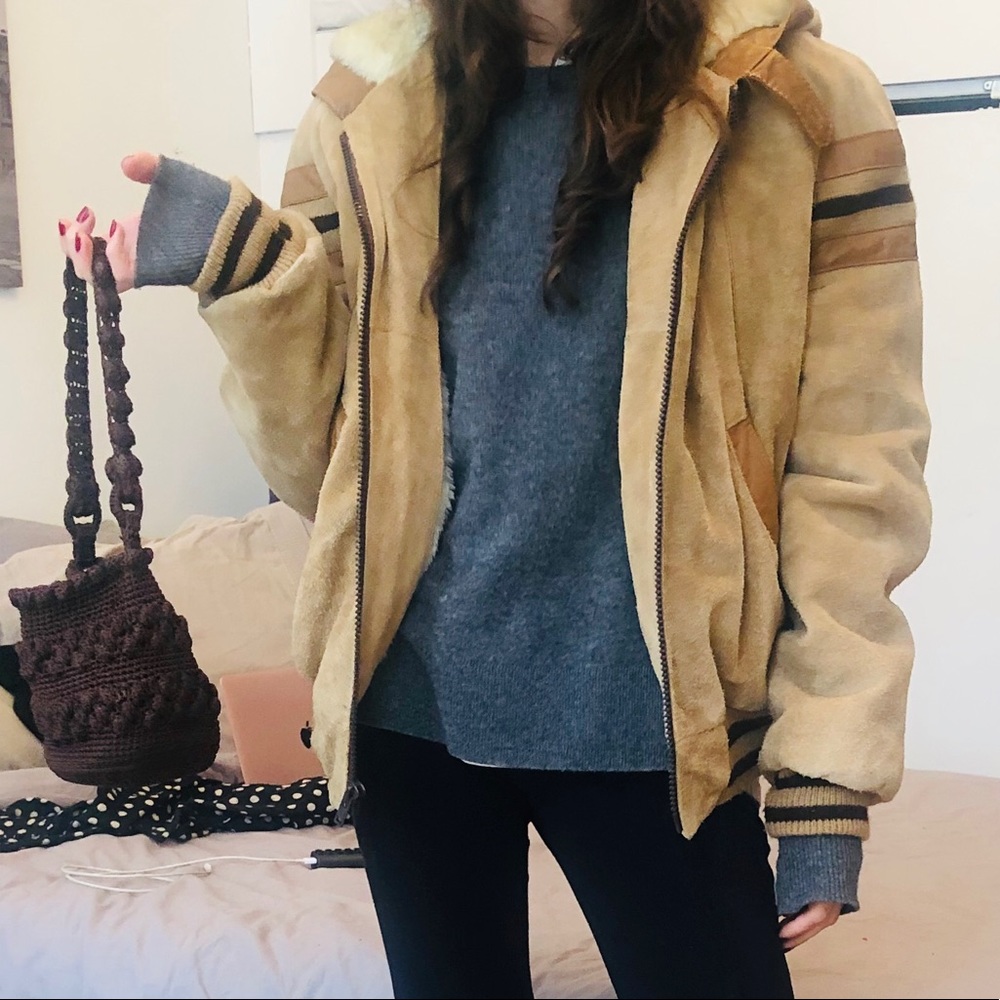 Adorable vintage suede bomber jacket with hood, M